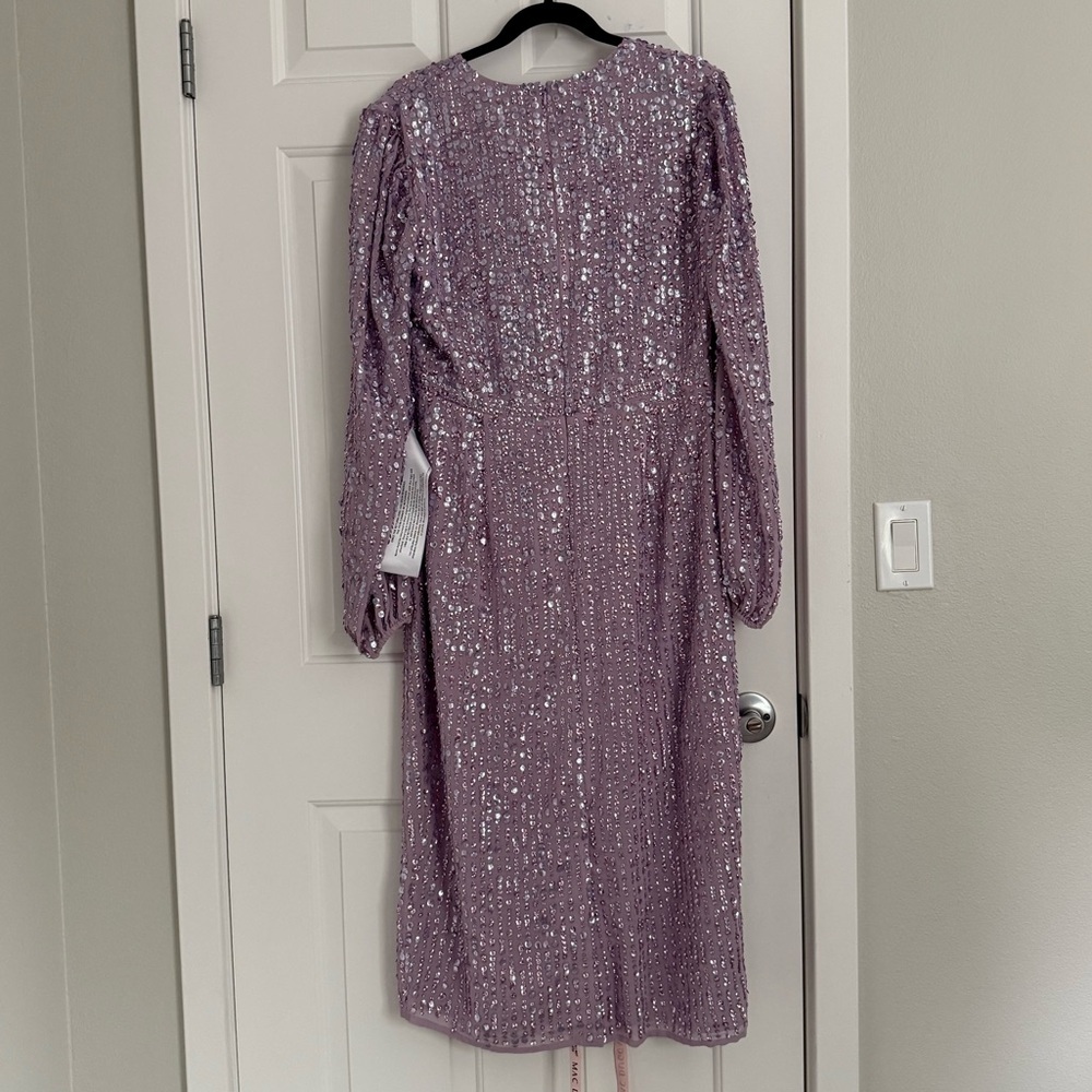 Mac Duggal Purple Sequined Illusion Puff Sleeve V Neck Midi Dress Size 12 NWT - Picture 5 of 10